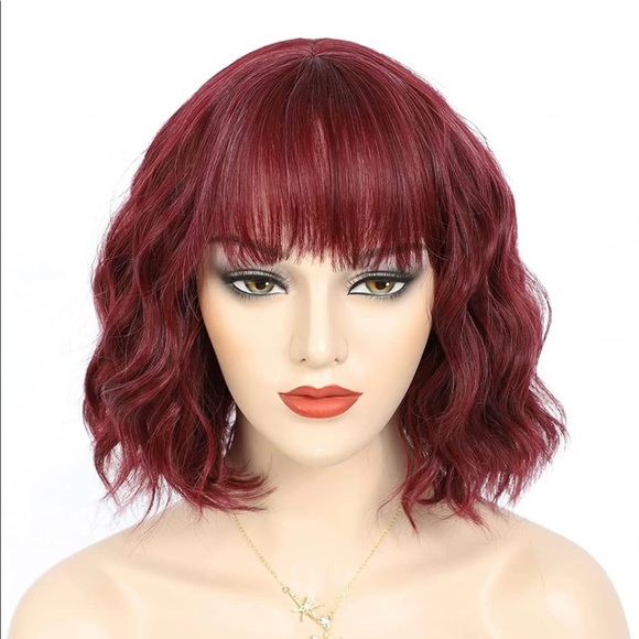 Human hair blend mix red bob wave wig